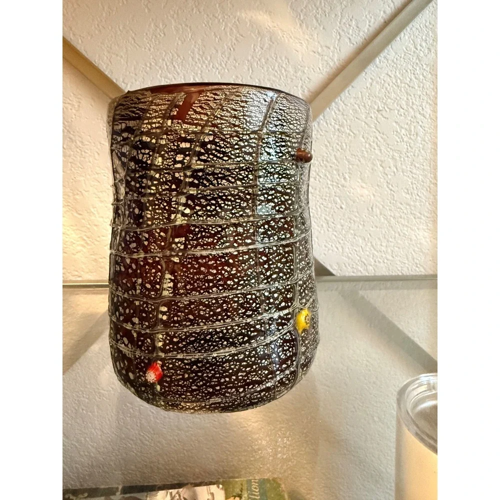 Artisan Hand Blown Milano silver Crackle Glass Vase Millefiori Floral Accents‎